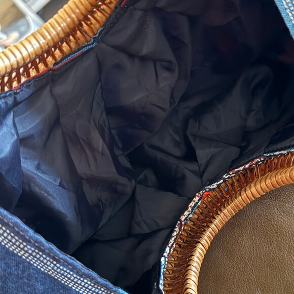 Womens‎ Red, White, & Blue Fabric Hand Bag With Rattan Boho Handle - Picture 4 of 6